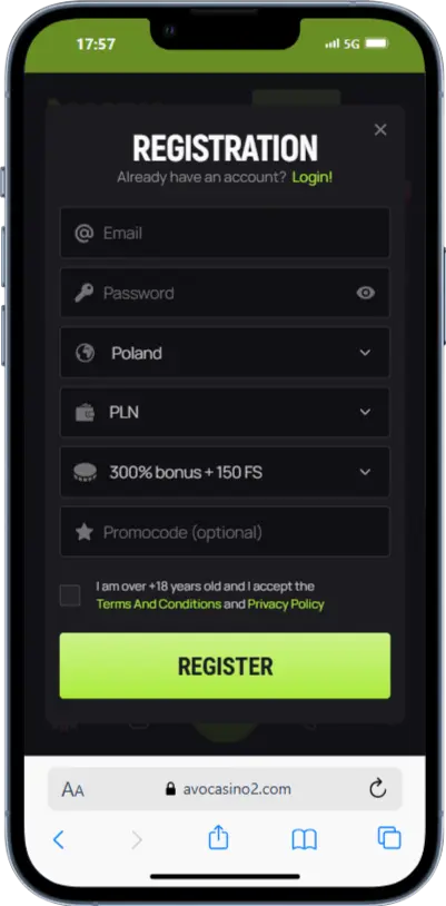 Avo Casino Registration screenshot