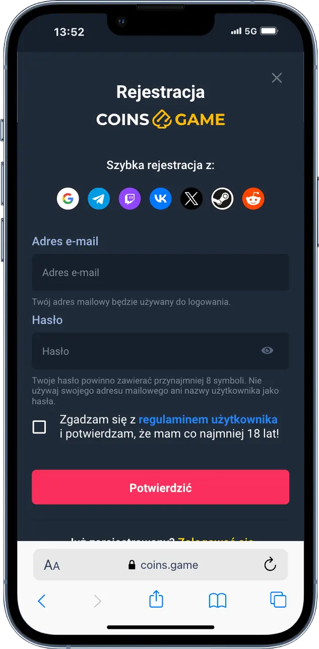 Rejestracja w Coins Game zrzut ekranu